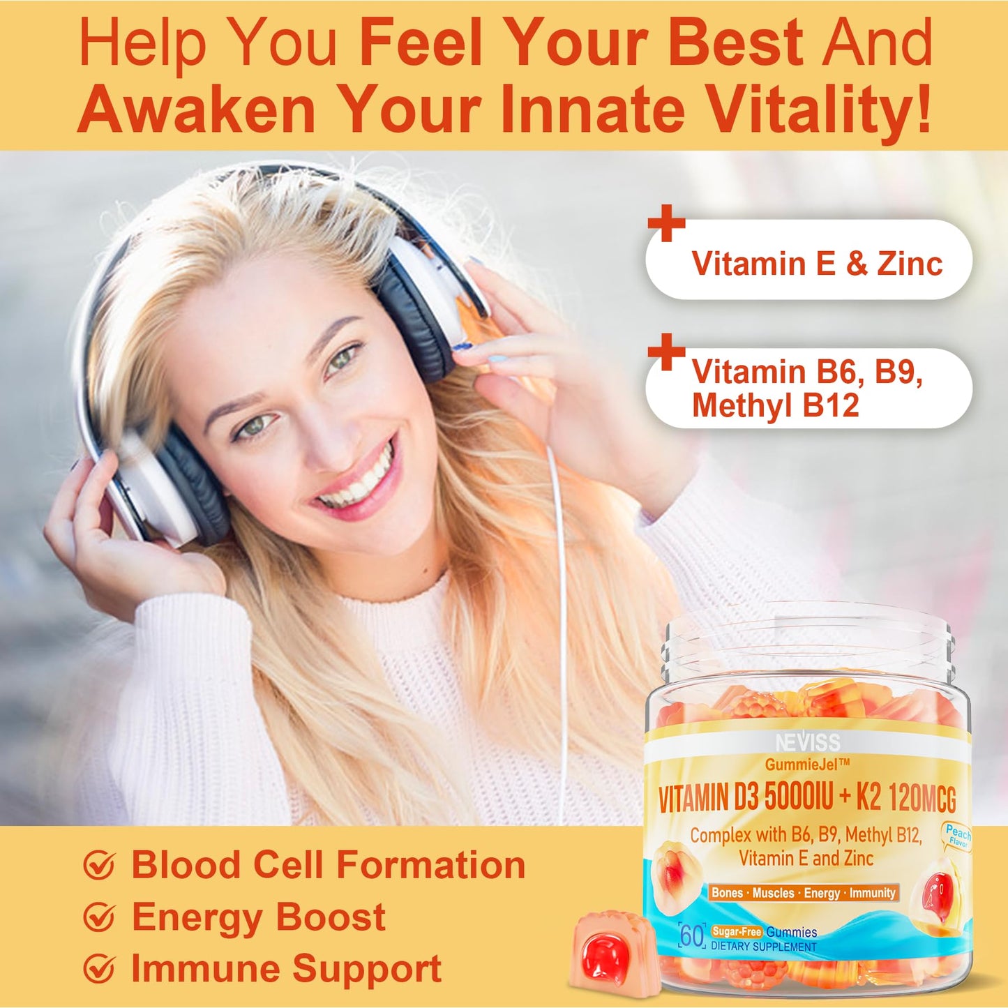 NEVISS Vitamin D3 5000IU + K2 (MK-7) 120mcg Gummies – Sugar-Free, B Complex, 2-Pack