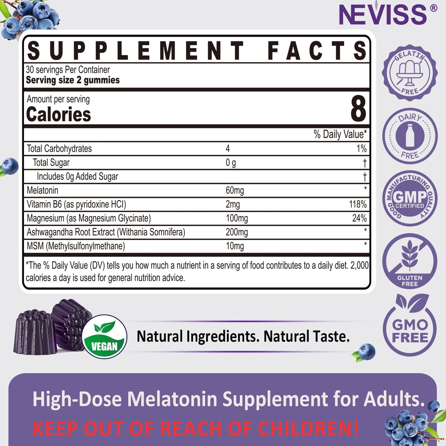 NEVISS Antioxidant Brain Support Melatonin Gummies 60mg for 50+ Adults | Immune & Anti-Aging