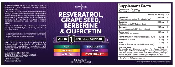 NEW AGE Resveratrol Berberine Grape Seed Quercetin Polyphenol Supplement – 180 Capsules