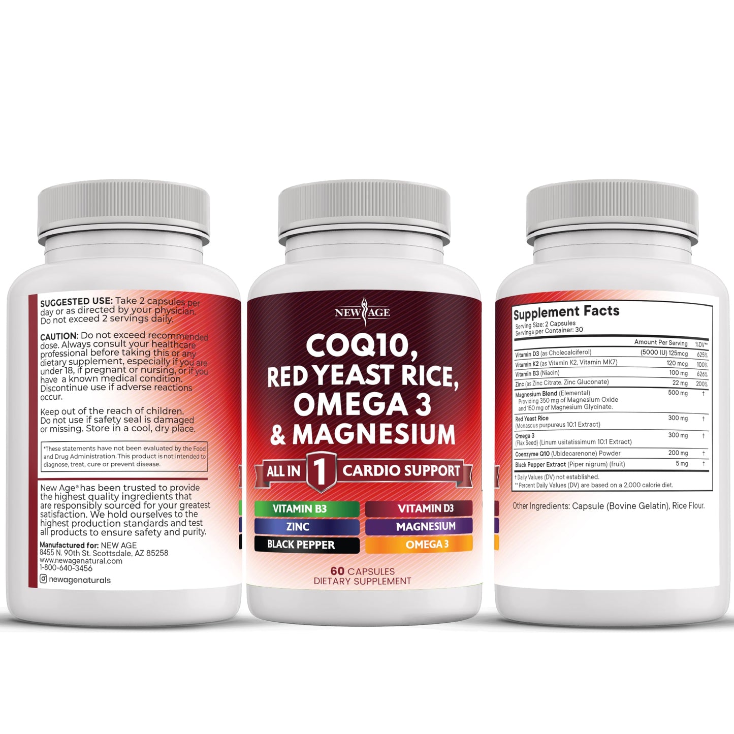 NEW AGE COQ10 200mg + Red Yeast Rice | Omega 3-6-9 Magnesium Complex | Vitamin K2 D3 | 180 Count