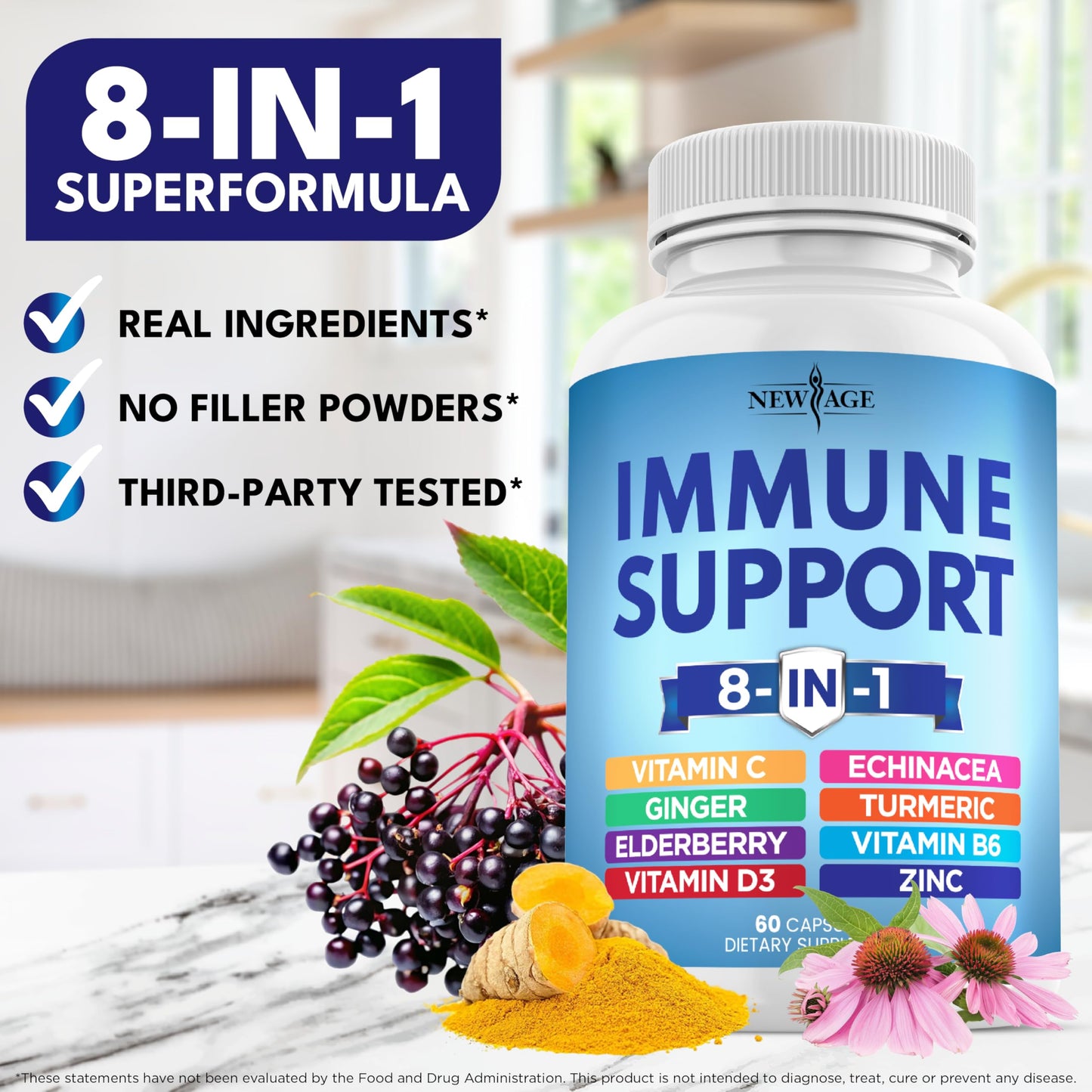 NEW AGE 8-in-1 Immune Support Capsules – Vitamin C, D3, Zinc, Elderberry (Pack of 5)