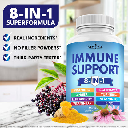 NEW AGE 8-in-1 Immune Support Capsules – Vitamin C, D3, Zinc, Elderberry (Pack of 5)