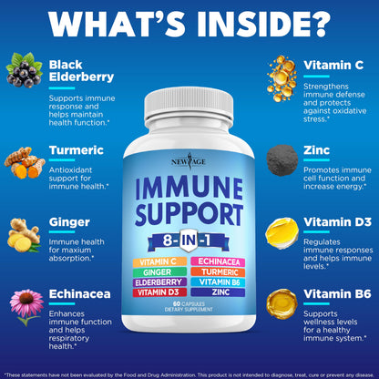 NEW AGE 8-in-1 Immune Support Capsules – Vitamin C, D3, Zinc, Elderberry (Pack of 5)