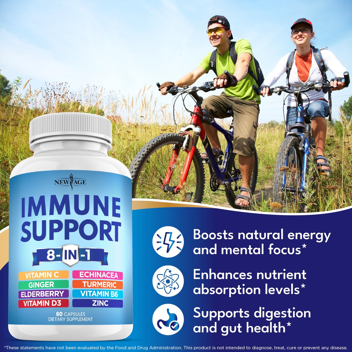 NEW AGE 8-in-1 Immune Support Capsules – Vitamin C, D3, Zinc, Elderberry (Pack of 5)