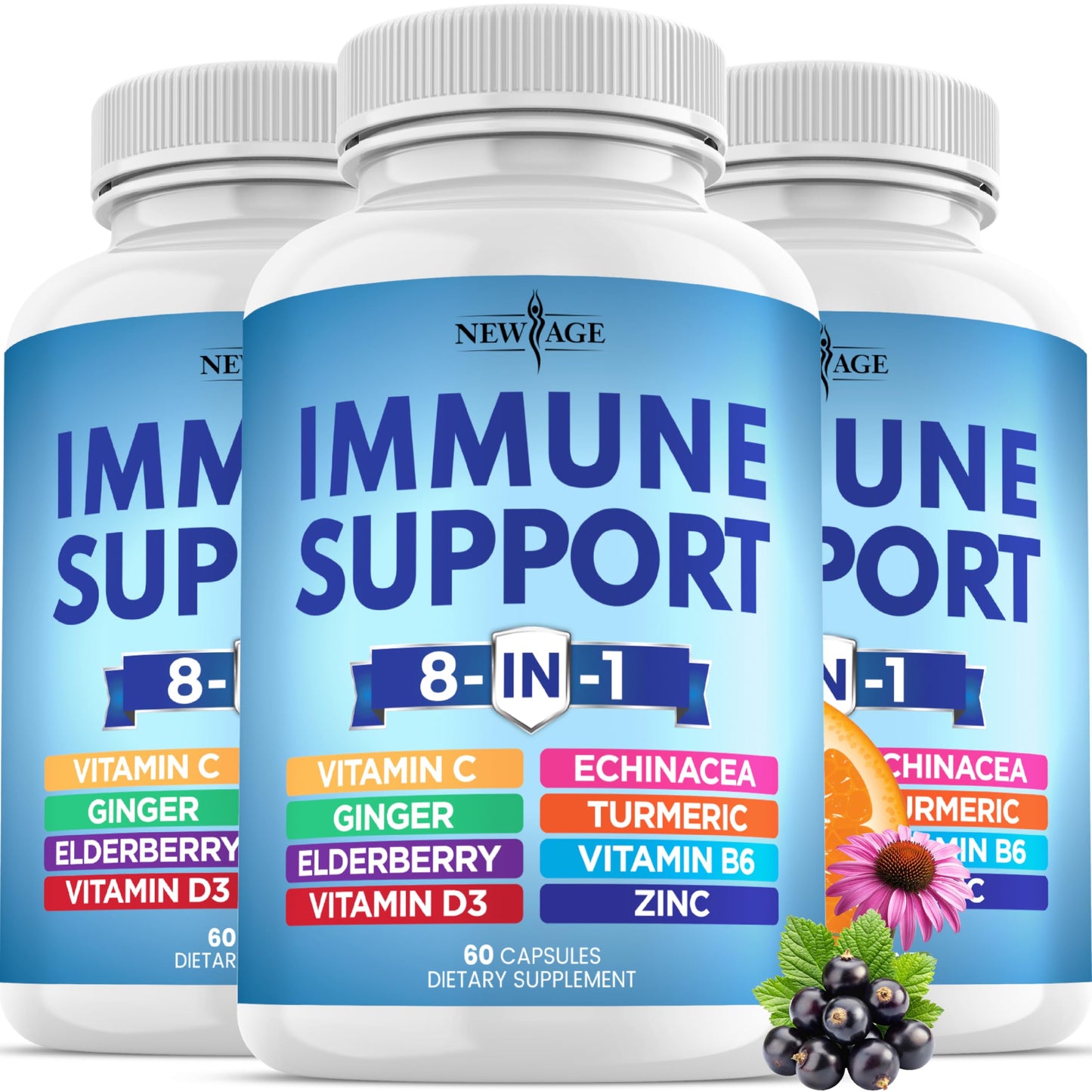 NEW AGE 8 in 1 Immune Support Booster – Vitamin D 5000 IU, Vitamin C 1000 mg, Zinc 50 mg, Elderberry & Echinacea – 180 Capsules (Pack of 3)