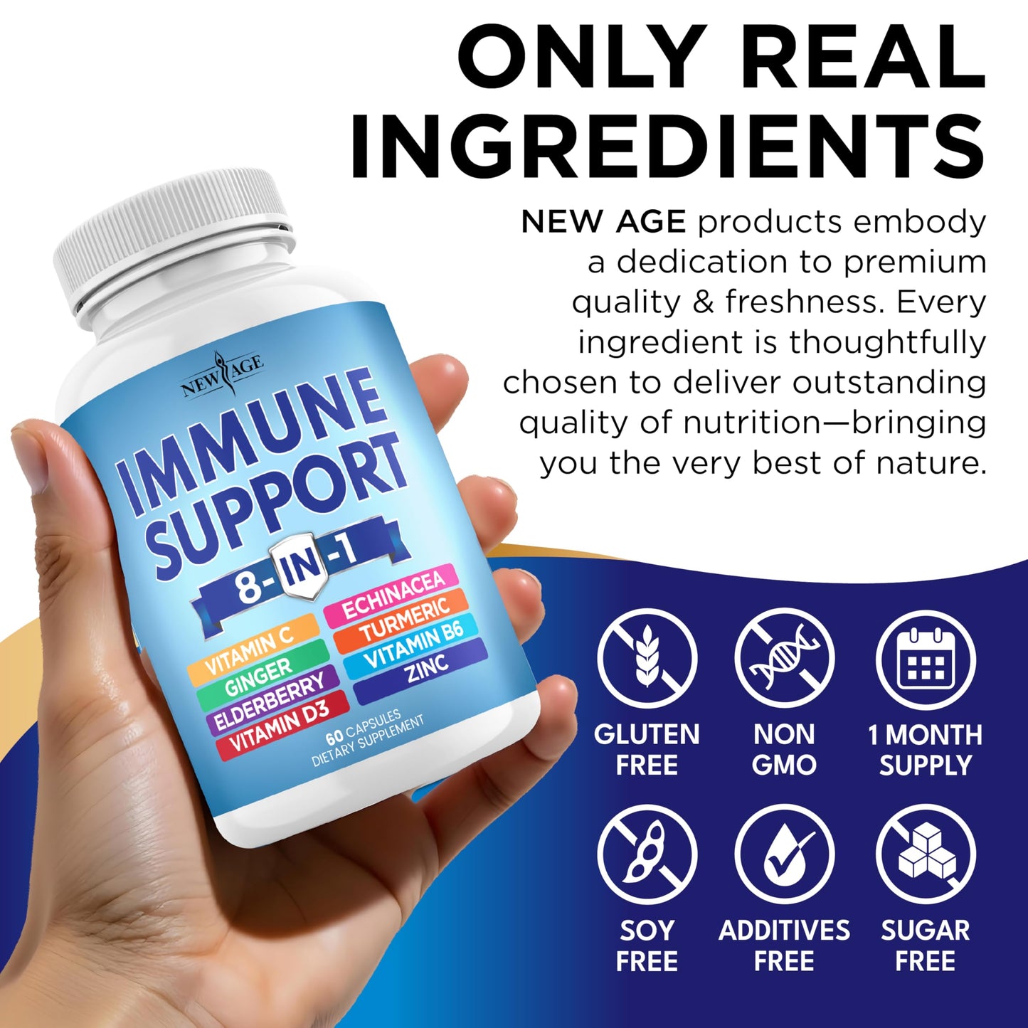 NEW AGE 8-in-1 Immune Support Capsules – Vitamin C, D3, Zinc, Elderberry (Pack of 5)