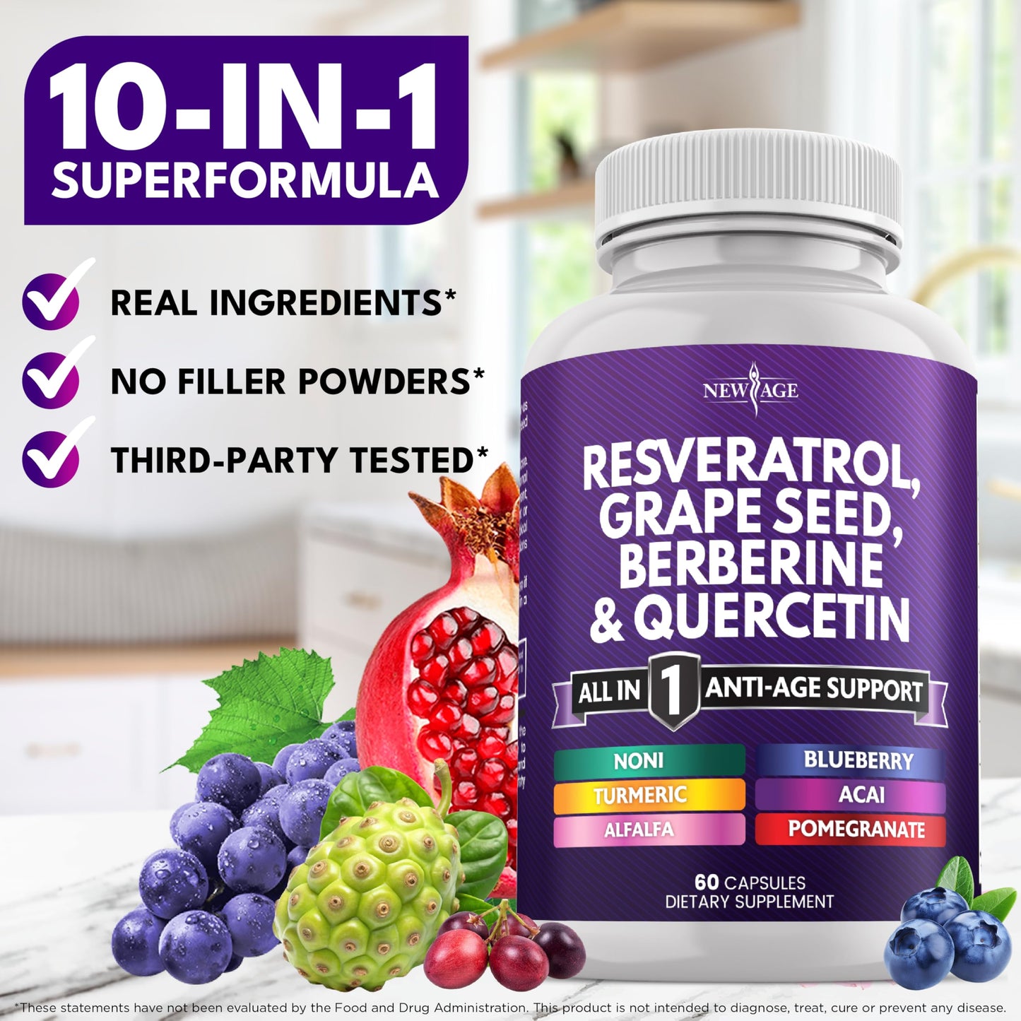 NEW AGE Resveratrol Berberine Grape Seed Quercetin Polyphenol Supplement – 180 Capsules