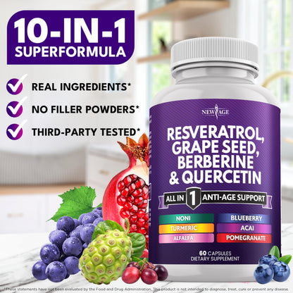 NEW AGE Resveratrol Berberine Grape Seed Quercetin Polyphenol Supplement – 180 Capsules
