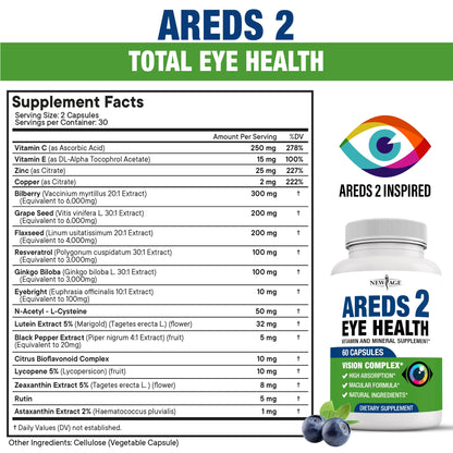 NEW AGE AREDS 2 Eye Vitamins – Lutein, Zeaxanthin, Bilberry & Astaxanthin – 180 Count