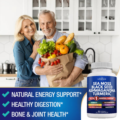 NEW AGE Silica Sea Moss & Black Seed Oil – All-in-1 Mineral Formula with Ashwagandha, Turmeric, Bladderwrack, Burdock | Gluten Free