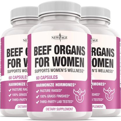 NEW AGE Beef Organ Supplement for Women – Grass-Fed Liver, Kidney, Heart & Uterus Tissue | 180 Capsules