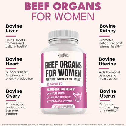 NEW AGE Beef Organ Supplement for Women – Grass-Fed Liver, Kidney, Heart & Uterus Tissue | 180 Capsules