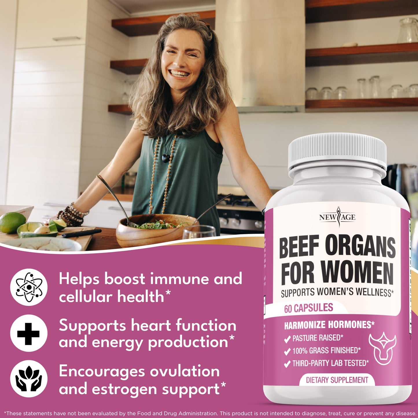NEW AGE Beef Organ Supplement for Women – Grass-Fed Liver, Kidney, Heart & Uterus Tissue | 180 Capsules