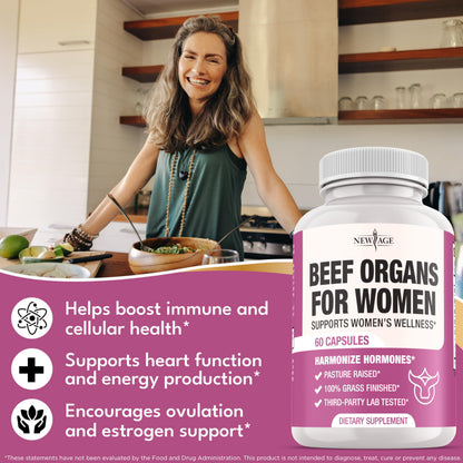 NEW AGE Beef Organ Supplement for Women – Grass-Fed Liver, Kidney, Heart & Uterus Tissue | 180 Capsules