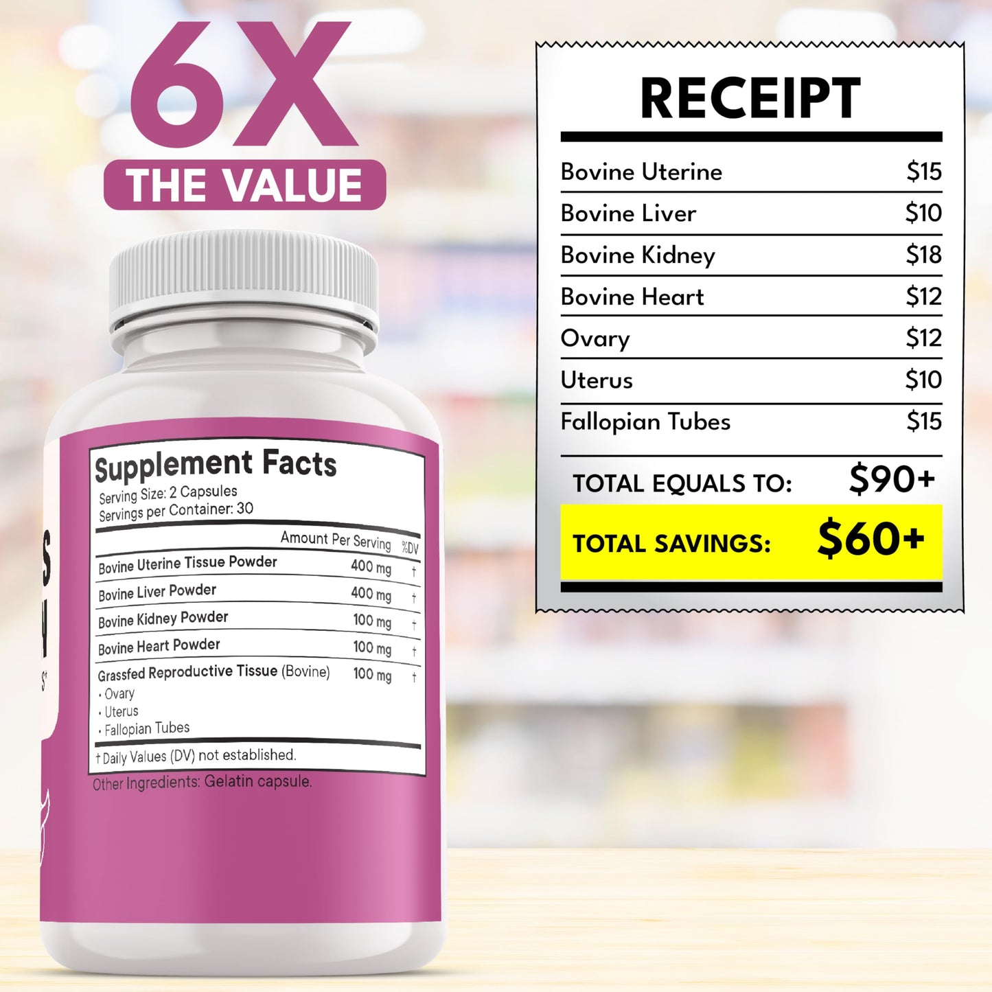 NEW AGE Beef Organ Supplement for Women – Grass-Fed Liver, Kidney, Heart & Uterus Tissue | 180 Capsules