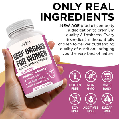NEW AGE Beef Organ Supplement for Women – Grass-Fed Liver, Kidney, Heart & Uterus Tissue | 180 Capsules