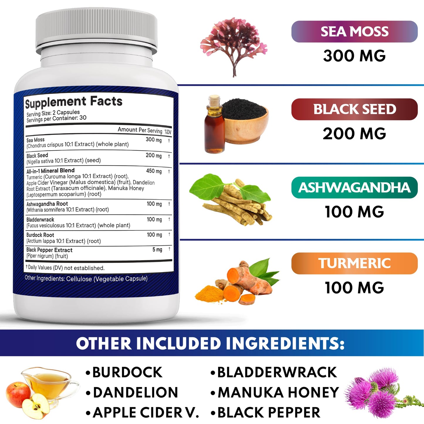 NEW AGE Silica Sea Moss & Black Seed Oil – All-in-1 Mineral Formula with Ashwagandha, Turmeric, Bladderwrack, Burdock | Gluten Free