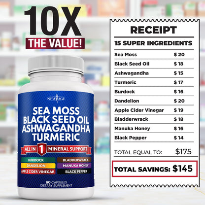NEW AGE Silica Sea Moss & Black Seed Oil – All-in-1 Mineral Formula with Ashwagandha, Turmeric, Bladderwrack, Burdock | Gluten Free