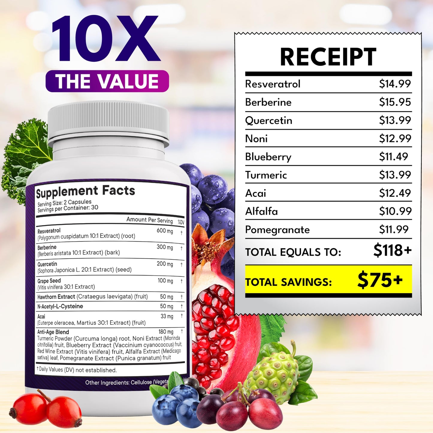 NEW AGE Resveratrol Berberine Grape Seed Polyphenol Supplement – 120 Capsules (Women & Men) with Noni, NAC & Acai