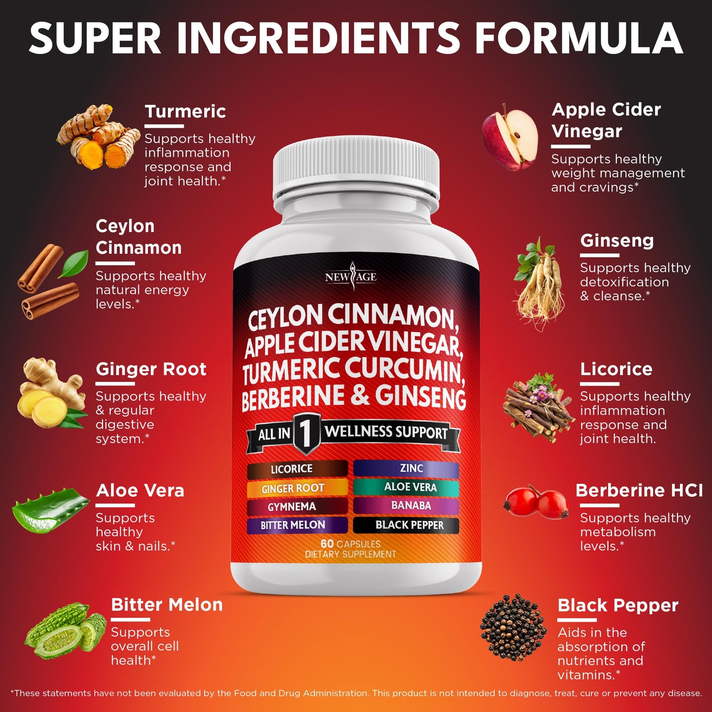 NEW AGE Ceylon Cinnamon Turmeric ACV Ginseng 14-in-1 Capsule – 180 Count