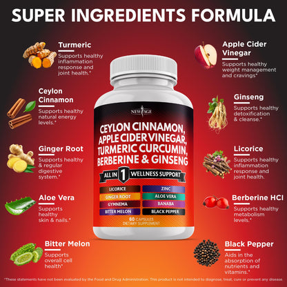 NEW AGE Ceylon Cinnamon Turmeric ACV Ginseng 14-in-1 Capsule – 180 Count