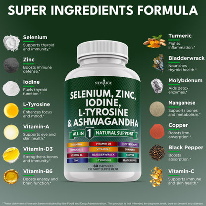 NEW AGE Thyroid Support Supplement with Selenium, Zinc, Iodine, L-Tyrosine, Ashwagandha — 60 Count (Pack of 3)