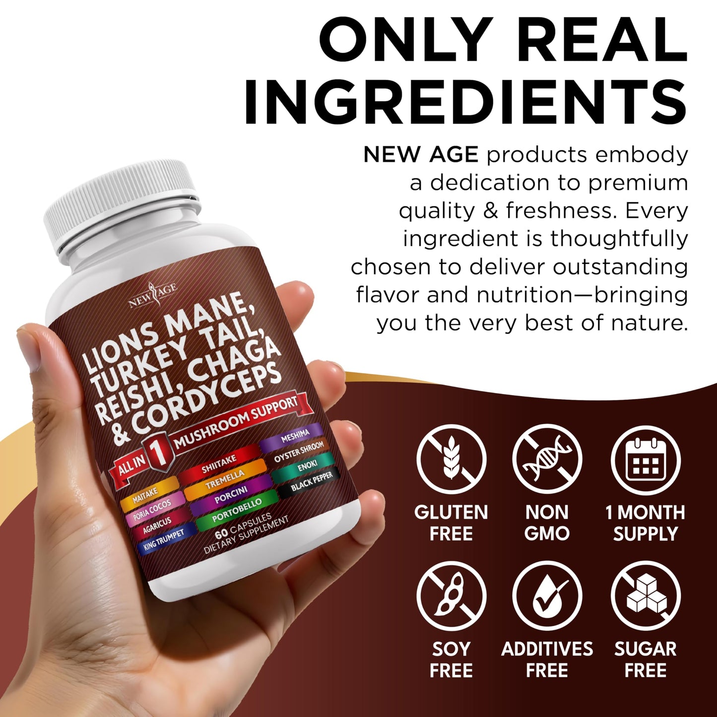 NEW AGE Lions Mane 20-in-1 Mushroom Supplement with Turkey Tail, Reishi, Chaga, Cordyceps, Marshmallow Root – 180 Count