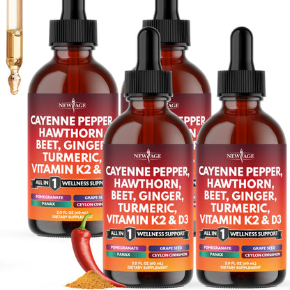 NEW AGE Cayenne Pepper Liquid Drops with Hawthorn Berry, D3 K2, Beet Root, Cinnamon, Turmeric, and Ginseng – 8 oz