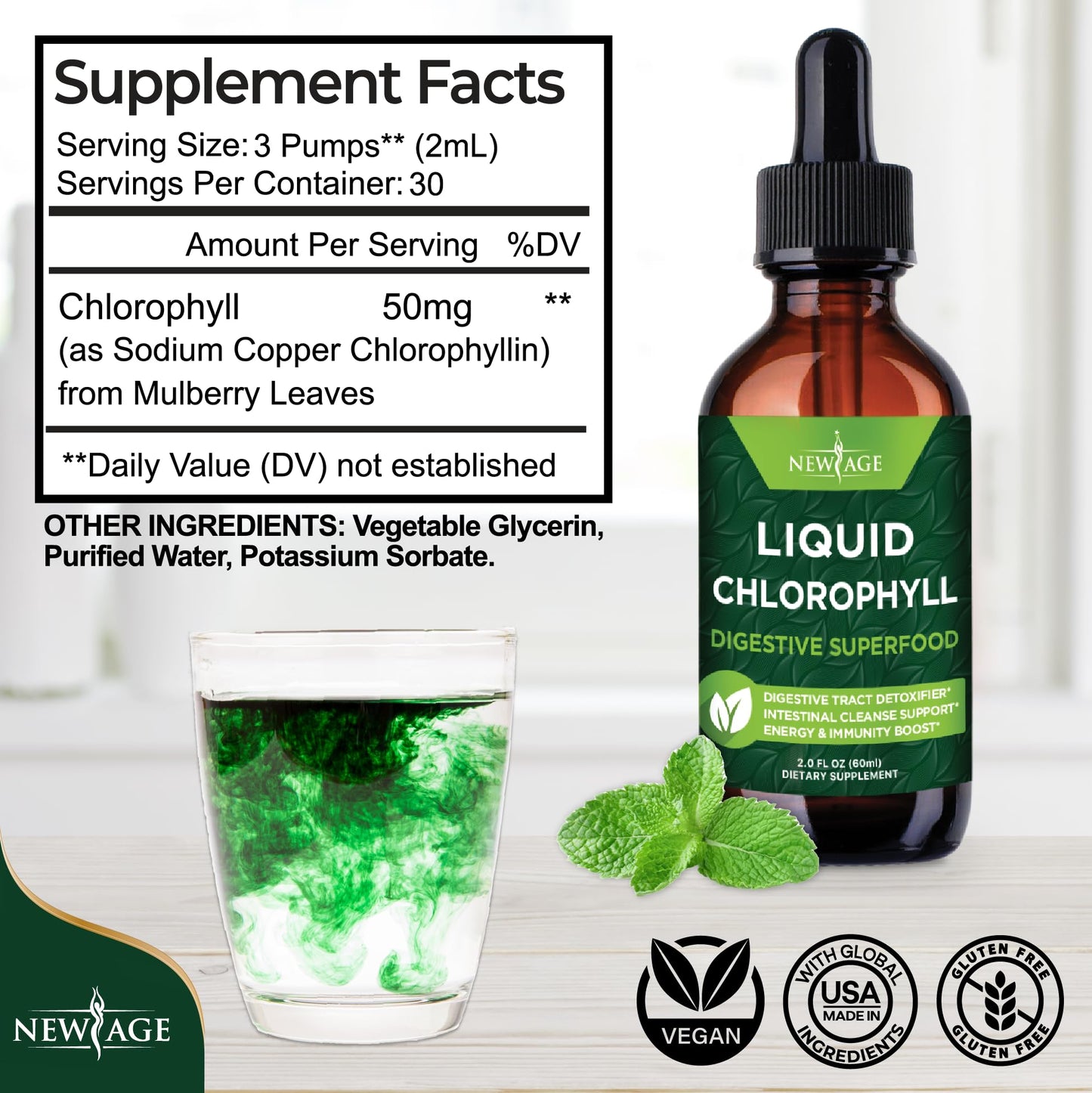NEW AGE Chlorophyll Liquid Drops – Energy, Digestion & Immune Support (2 fl oz)