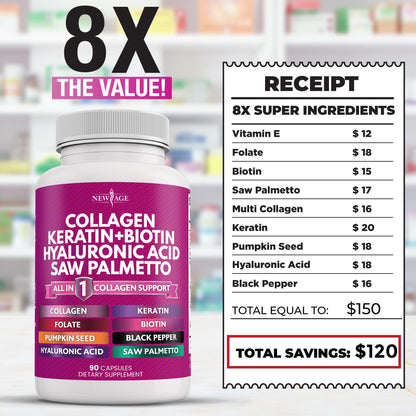 NEW AGE Collagen Pills with Biotin, Keratin & Hyaluronic Acid – 270 Count