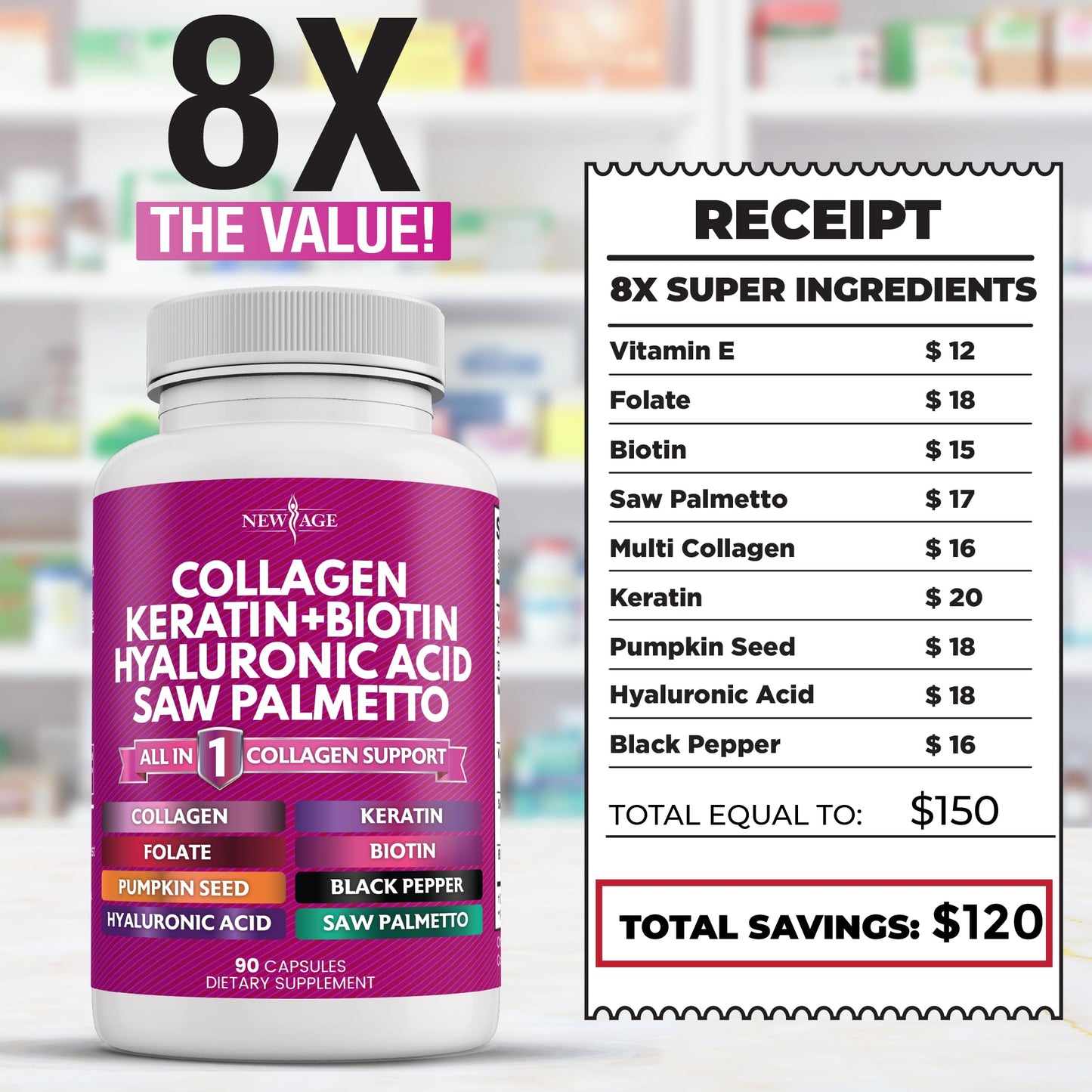 NEW AGE Collagen Pills with Biotin, Keratin & Hyaluronic Acid – 270 Count