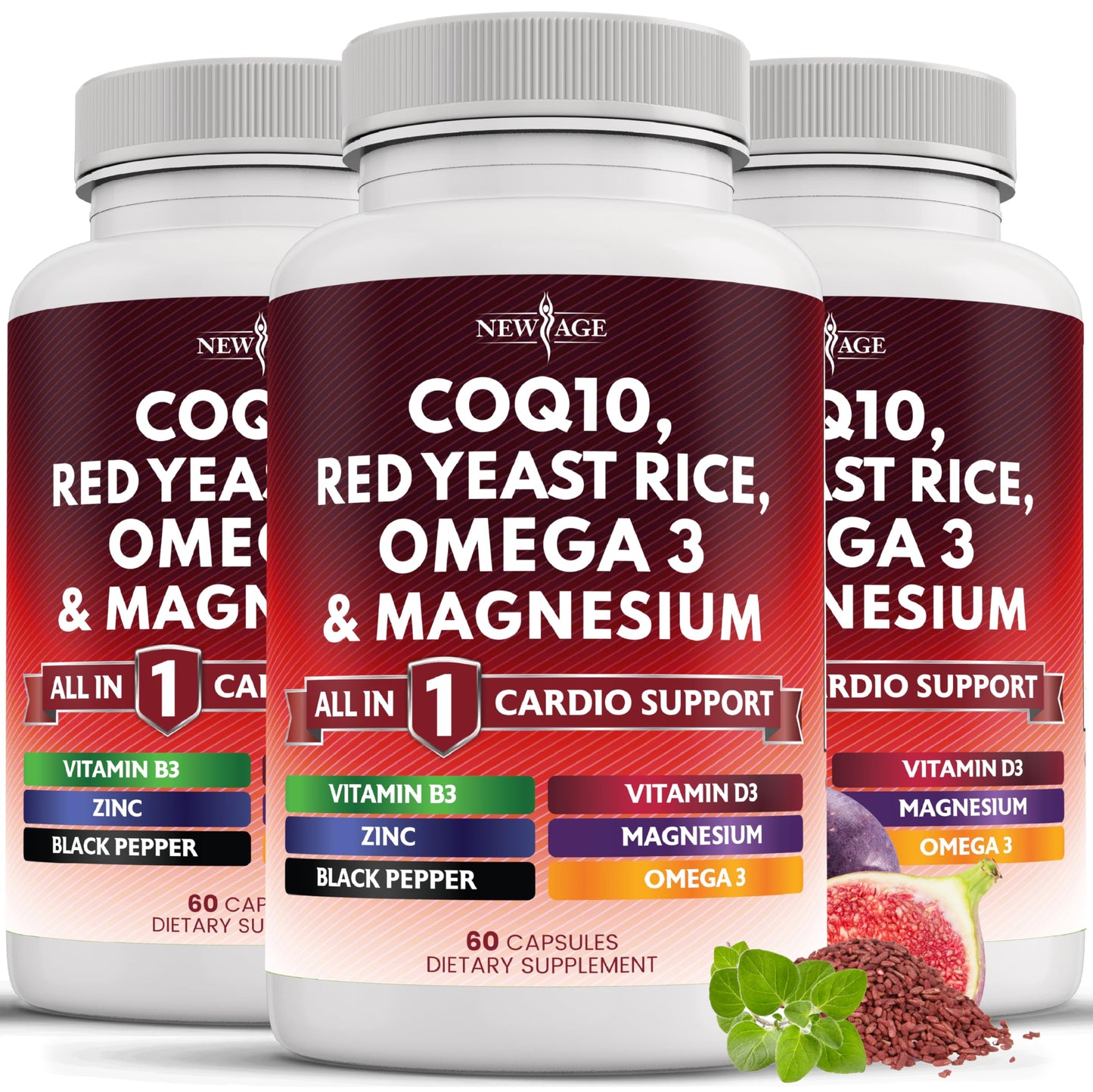 NEW AGE COQ10 200mg + Red Yeast Rice | Omega 3-6-9 Magnesium Complex | Vitamin K2 D3 | 180 Count
