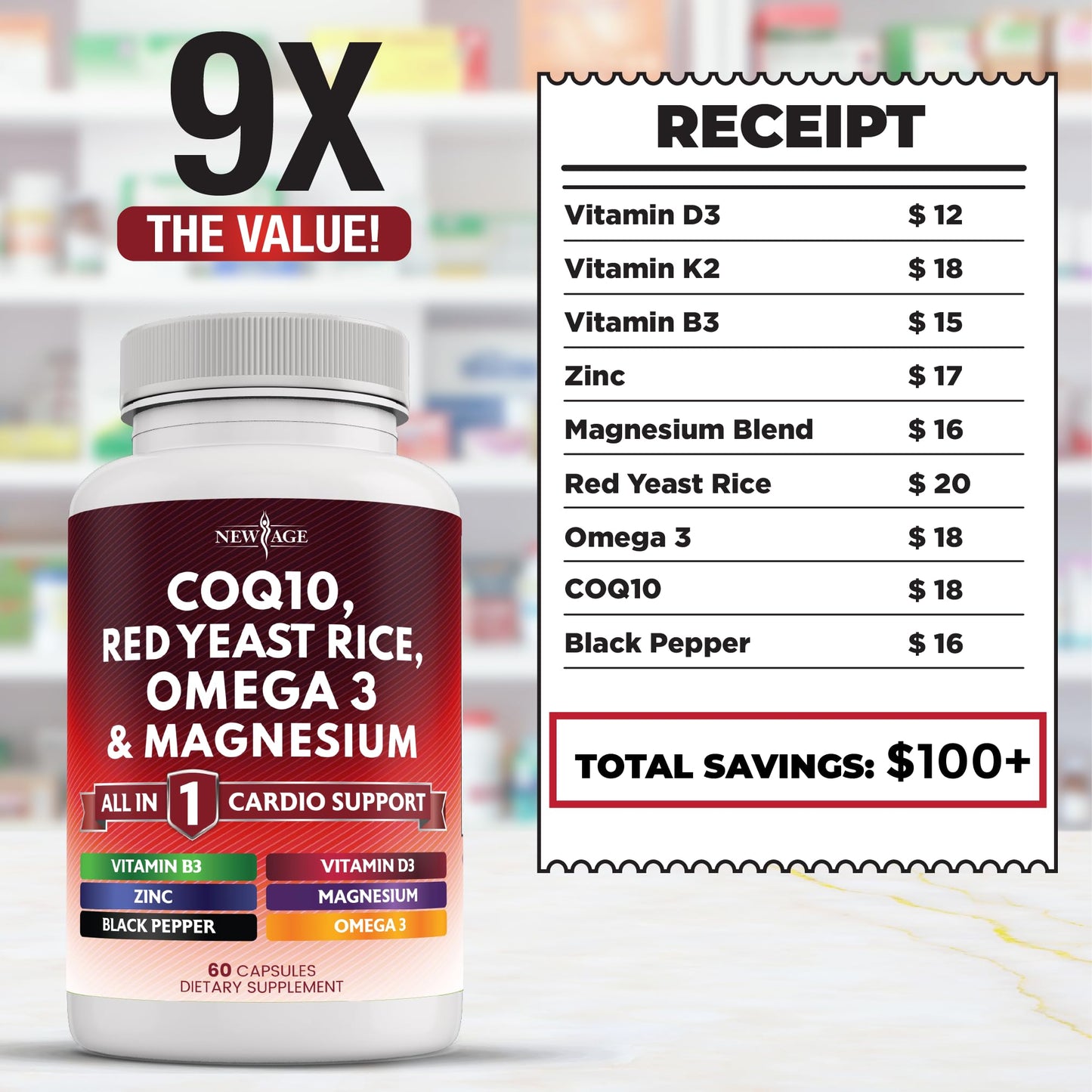 NEW AGE COQ10 200mg + Red Yeast Rice | Omega 3-6-9 Magnesium Complex | Vitamin K2 D3 | 180 Count