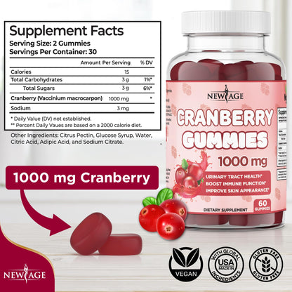 NEW AGE Cranberry Gummies – Urinary Tract Health, 1000mg, 180 Gummies (Vegetarian)