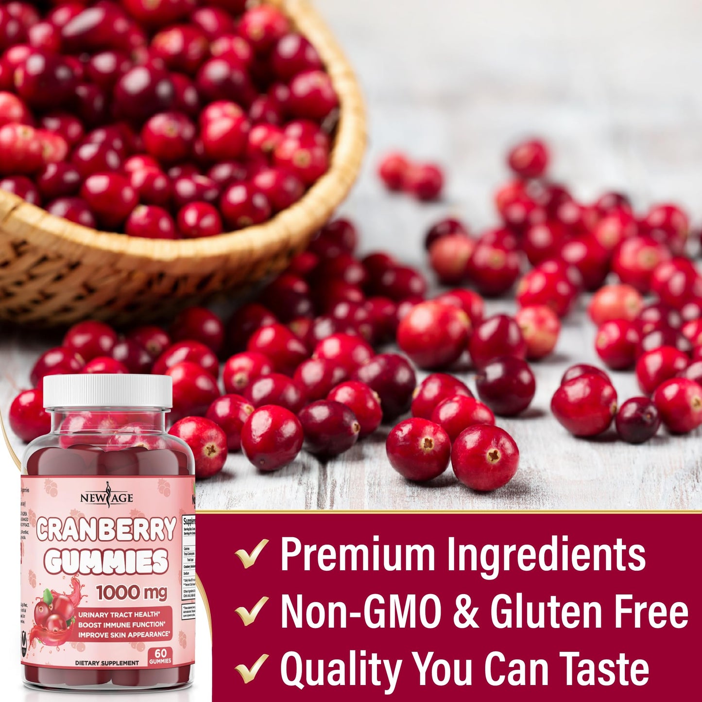 NEW AGE Cranberry Gummies – Urinary Tract Health, 1000mg, 180 Gummies (Vegetarian)