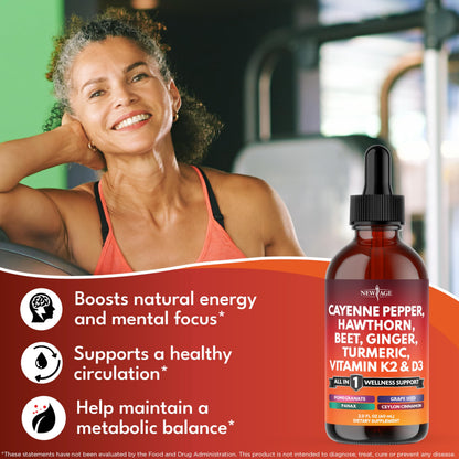 NEW AGE Cayenne Pepper Liquid Drops with Hawthorn Berry, D3 K2, Beet Root, Cinnamon, Turmeric, and Ginseng – 8 oz