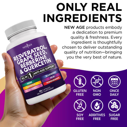 NEW AGE Resveratrol Berberine Grape Seed Quercetin Polyphenol Supplement – 180 Capsules