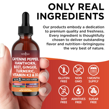 NEW AGE Cayenne Pepper Liquid Drops with Hawthorn Berry, D3 K2, Beet Root, Cinnamon, Turmeric, and Ginseng – 8 oz