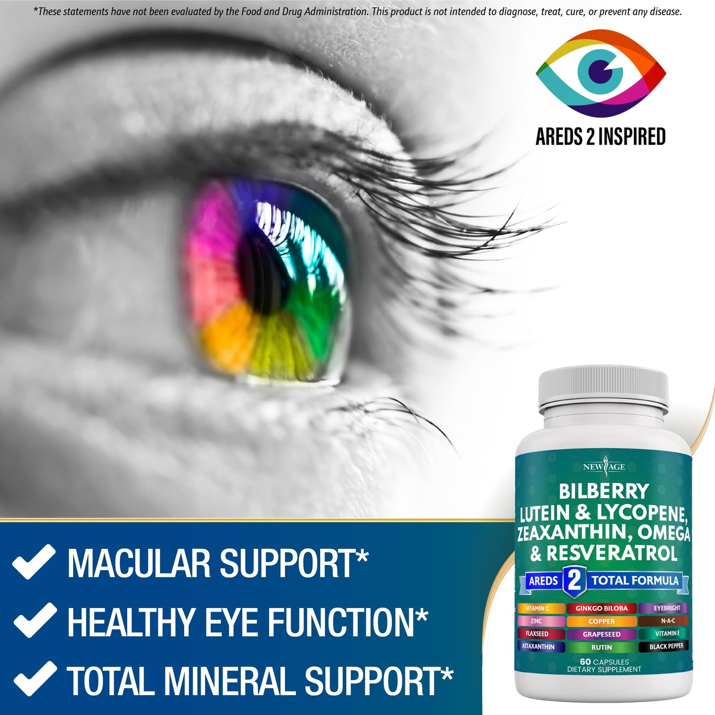 NEW AGE Eye Health Vitamins – Bilberry, Lutein & Zeaxanthin, AREDS 2 Blend, 180 Count