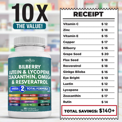 NEW AGE Eye Health Vitamins – Bilberry, Lutein & Zeaxanthin, AREDS 2 Blend, 180 Count