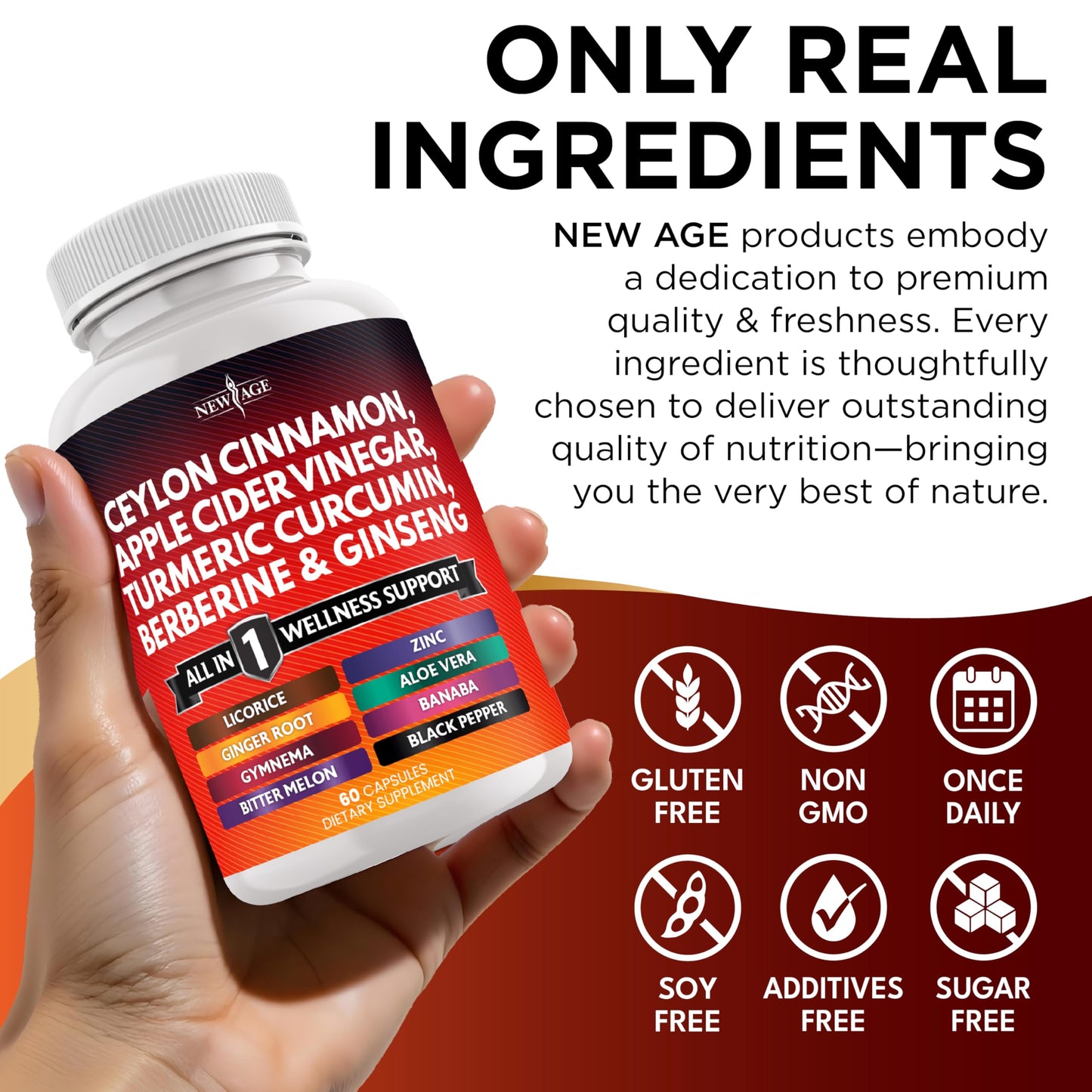 NEW AGE Ceylon Cinnamon Turmeric ACV Ginseng 14-in-1 Capsule – 180 Count