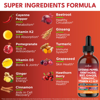 NEW AGE Cayenne Pepper Liquid Drops with Hawthorn Berry, D3 K2, Beet Root, Cinnamon, Turmeric, and Ginseng – 8 oz