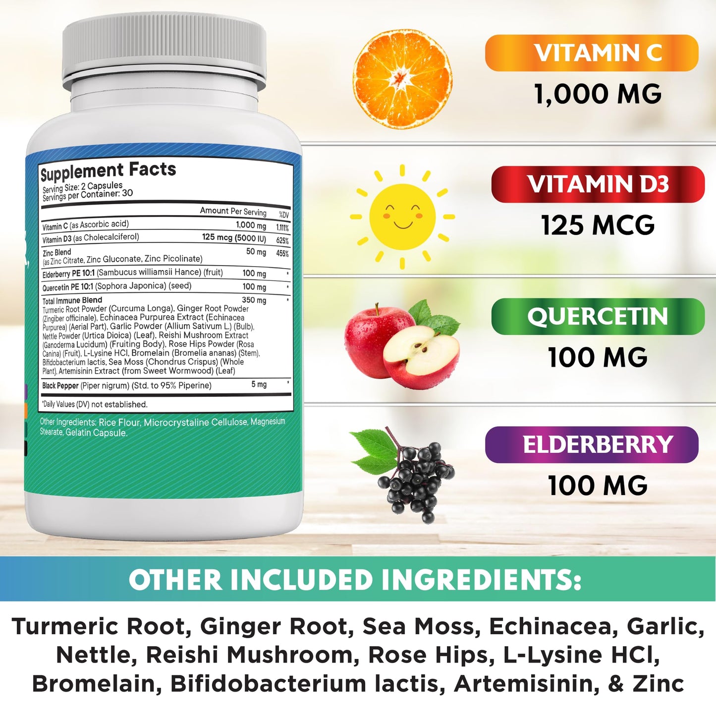 NEW AGE Quercetin Zinc Vitamin C Bromelain Elderberry — 180 Count Immune Support Formula
