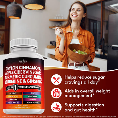 NEW AGE Ceylon Cinnamon Turmeric ACV Ginseng 14-in-1 Capsule – 180 Count