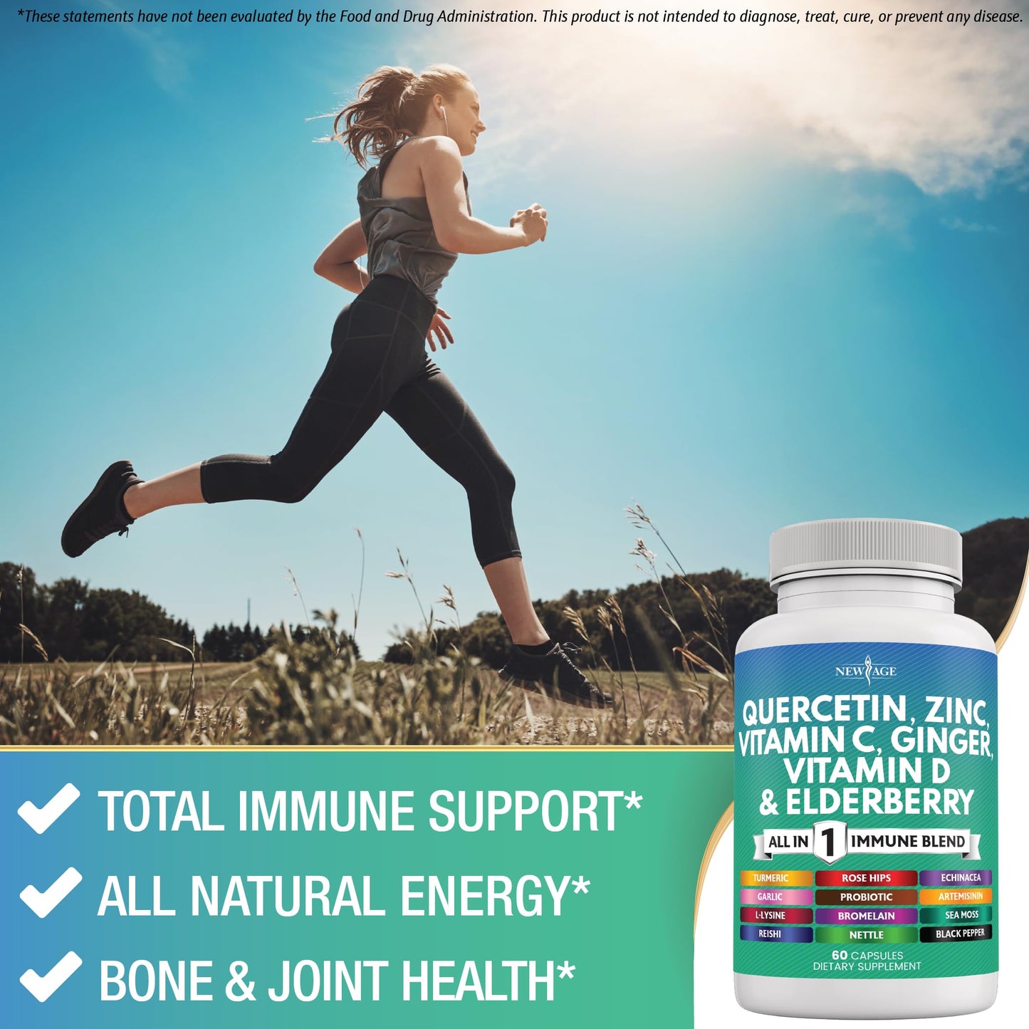 NEW AGE Quercetin Zinc Vitamin C Bromelain Elderberry — 180 Count Immune Support Formula