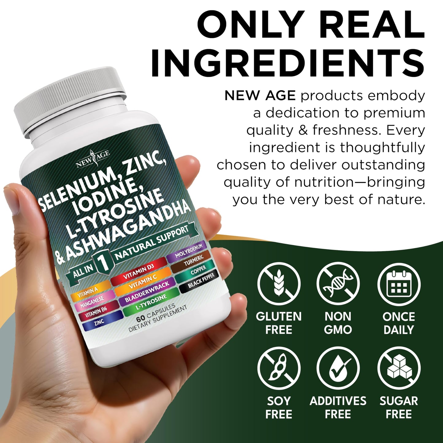 NEW AGE Thyroid Support Supplement with Selenium, Zinc, Iodine, L-Tyrosine, Ashwagandha — 60 Count (Pack of 3)