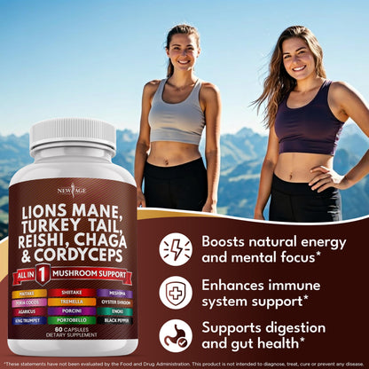 NEW AGE Lions Mane 20-in-1 Mushroom Supplement with Turkey Tail, Reishi, Chaga, Cordyceps, Marshmallow Root – 180 Count