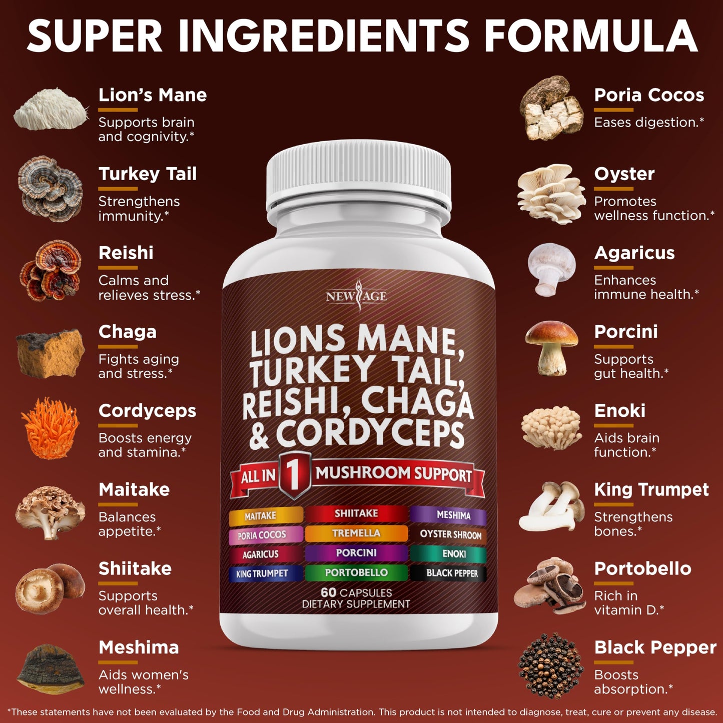 NEW AGE Lions Mane 20-in-1 Mushroom Supplement with Turkey Tail, Reishi, Chaga, Cordyceps, Marshmallow Root – 180 Count