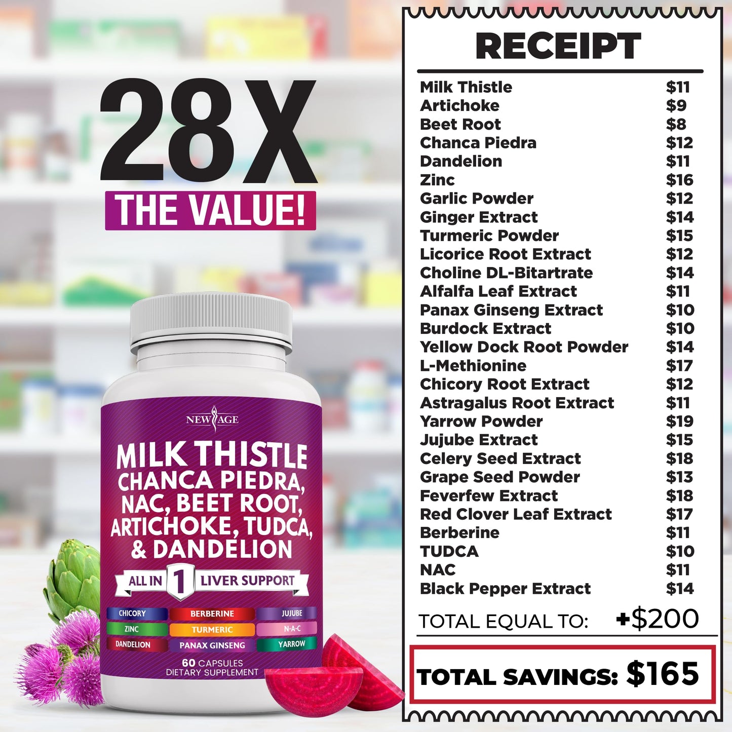 NEW AGE Milk Thistle NAC Chanca Piedra Liver Support – 180 Count, 28-in-1 Formula