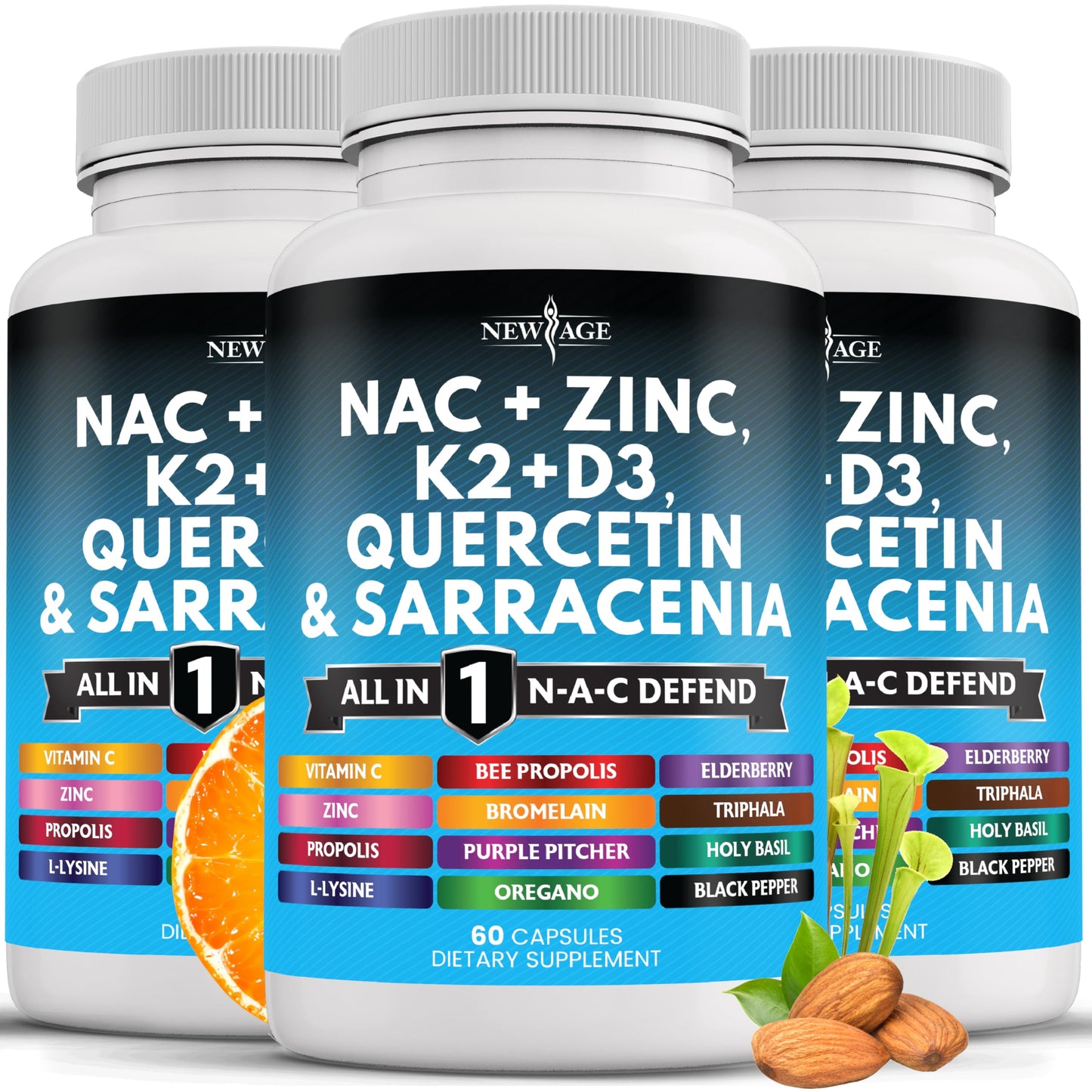 NEW AGE NAC Supplement with Vitamin D3, K2, Zinc – 180 Count
